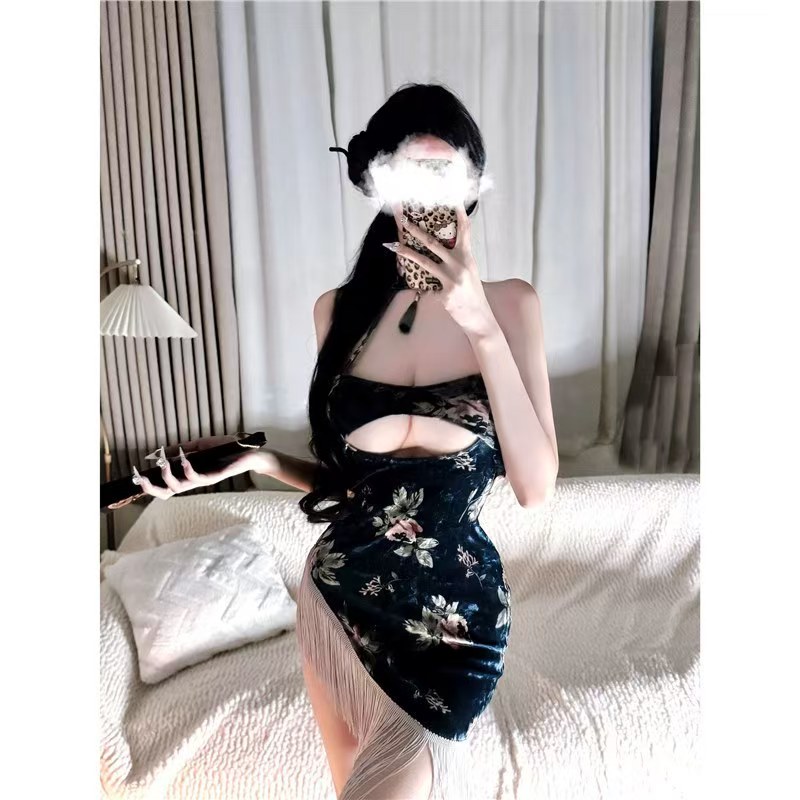 新款连衣睡裙富贵印花丝绒旗袍