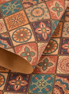 彩色软木布缤纷格子复古方纹橙色青色异域风情手工面料材料表面