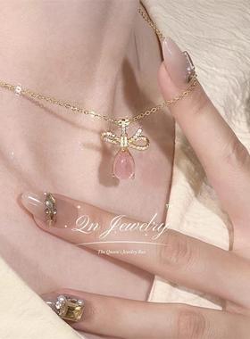 Qn Jewelry/桃乐丝 天然莫粉蝴蝶结纯银项链A40
