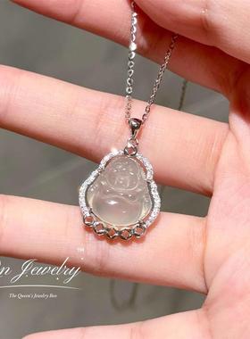 Qn Jewelry/玉髓欢喜佛 天然玉髓佛公925纯银镶钻项链A33