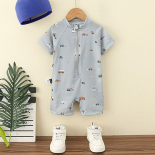 防晒薄款 夏季 拉链游泳衣 短袖 儿童连体泳衣男宝宝卡通汽车连体泳装