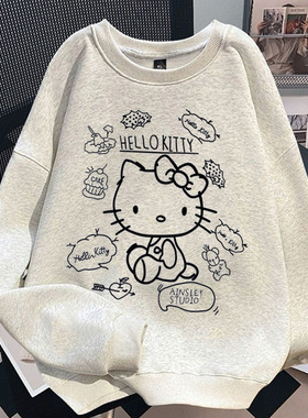 百搭kitty猫印花白色圆领卫衣女秋冬新款休闲宽松显瘦百搭上衣潮