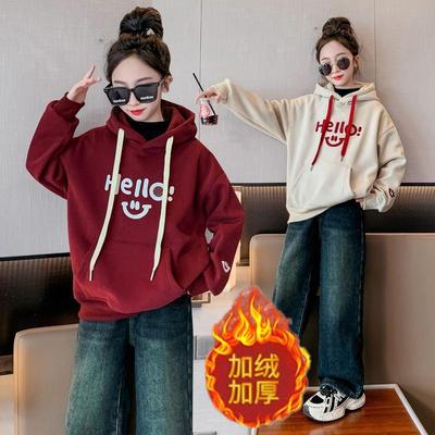 女童加绒加厚打底衫连帽纯棉卫衣