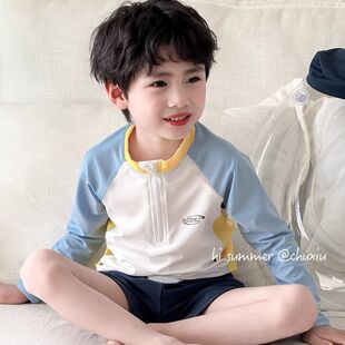儿童分体拉链泳衣男童长袖 快干中大童游泳衣 防晒速干撞色卡通夏季