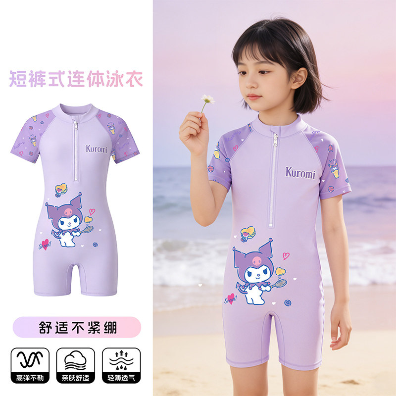 女童连体泳衣短裤式卡通图案可爱防晒儿童海边度假短袖快干游泳衣