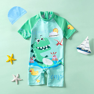 防晒游泳衣套装 卡通恐龙儿童连体泳衣男女通用游泳装 童趣印花短袖