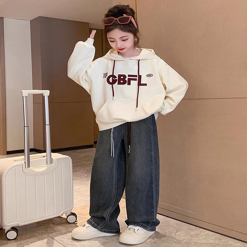 女大童纯棉卫衣春秋装2024新款洋气时尚百搭女孩阔腿牛仔裤初中潮