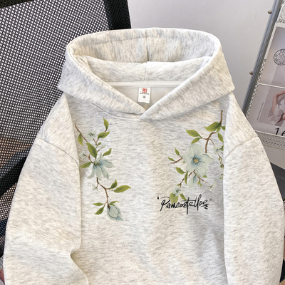 美式学院风花朵印花连帽卫衣