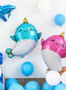 海洋主题卡通动物气球宝宝生日布置场景装饰海豚鲸鱼海狮椰树铝膜