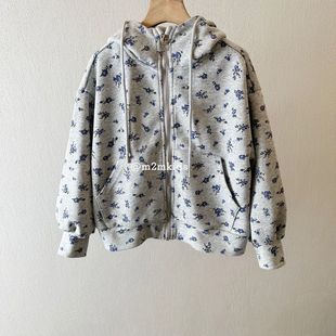 2024特春季早春女童外套儿童韩系灰色拉链开衫带帽休闲 碎花卫衣
