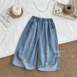 夏季女小童韩版夏日2026海星格纹裤脚牛仔九分裤开学过膝休闲直筒