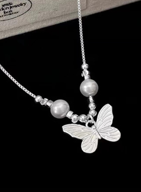 S990纯银新中式施家珍珠蝴蝶项链夏季女高级感轻奢小众气质锁骨链