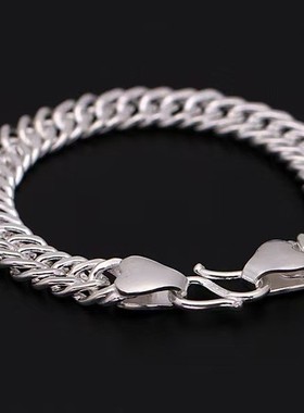 足银双卜手链男纯银霸气个性嘻哈日韩粗款手工马鞭链扁平双卜链