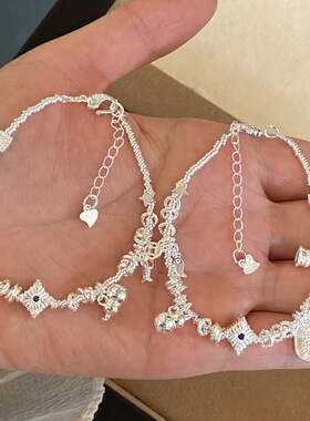 新款足银999纯银手链星光银花盘缠碎银子银手链调节银手饰