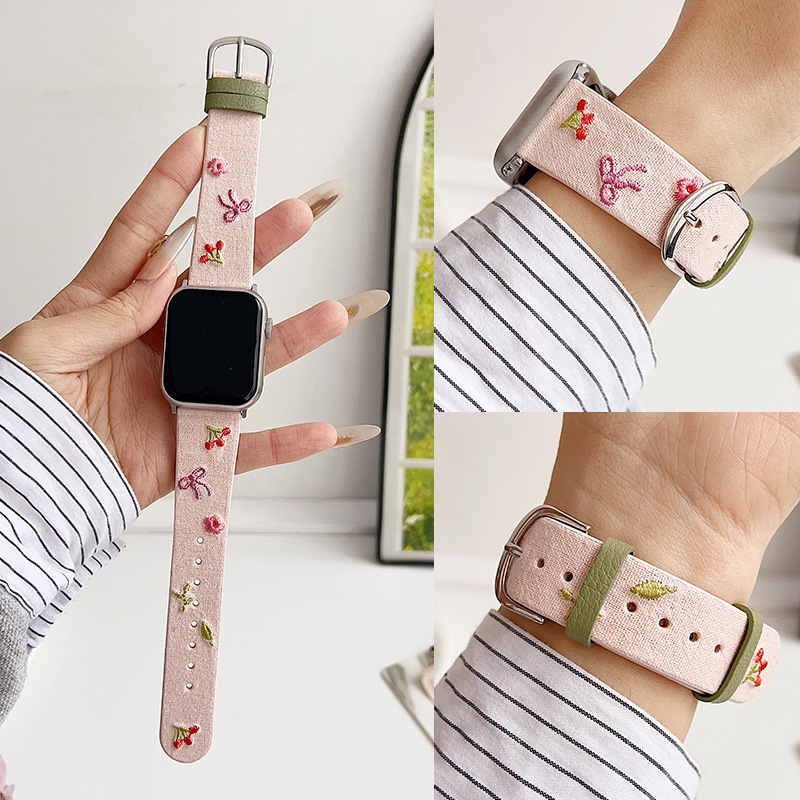 热销适用vivo watch gt樱桃刺绣表带华为fit3 fit4小米9pro红米5