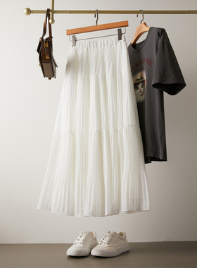 白色长款半身裙女春夏季雪纺松紧腰百褶a字伞裙宽松显瘦大摆长裙
