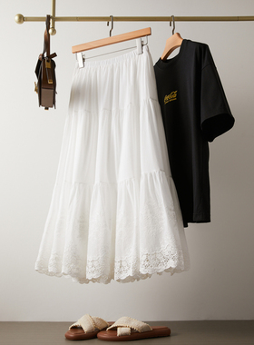 白色蕾丝花边半身裙女春夏新款中长款大摆裙蓬蓬伞裙宽松蛋糕裙子