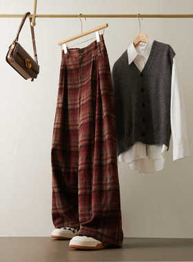 复古红格子宽松直筒裤女春季新款后腰松紧高腰显瘦慵懒休闲阔腿裤