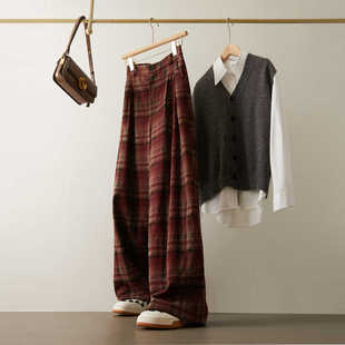 复古红格子宽松直筒裤女春季新款后腰松紧高腰显瘦慵懒休闲阔腿裤