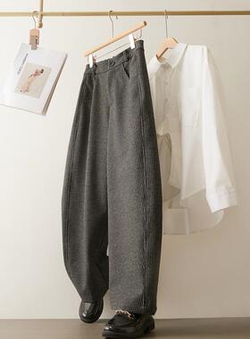 条纹羊毛混纺休闲阔腿香蕉裤女秋冬新款高腰宽松弯刀松弛感镰刀裤