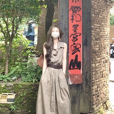 Y.JIA 伊嘉-复古气质棉麻无袖衬衫裙长款连衣裙(配腰带)6980-5