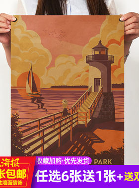 灯塔复古怀旧风牛皮纸客厅装饰画