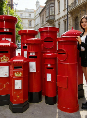 复古英伦风铁艺红色邮筒六角信箱邮箱意见箱模型落地装饰摄影道具