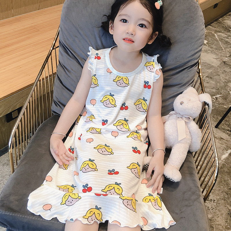 여자 여름 원피스 잠옷 얇은 여자 잠옷 대나무 섬유 어린이    여름 에어컨 가정 옷