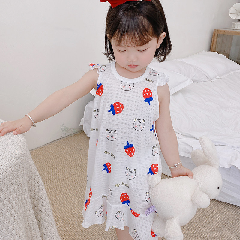 여자 여름 원피스 잠옷 얇은 여자 잠옷 대나무 섬유 어린이    여름 에어컨 가정 옷