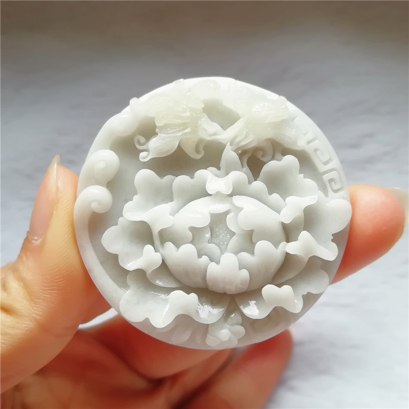 收藏南阳独山玉挂件蝴蝶吊坠细白独玉坠牡丹花玉佩蝶恋花圆牌直销