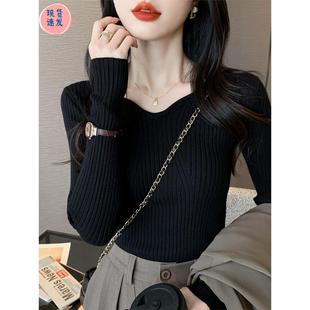 法式秋冬低领黑色打底衫女内搭坑条毛衣高级感修身长袖针织衫上衣