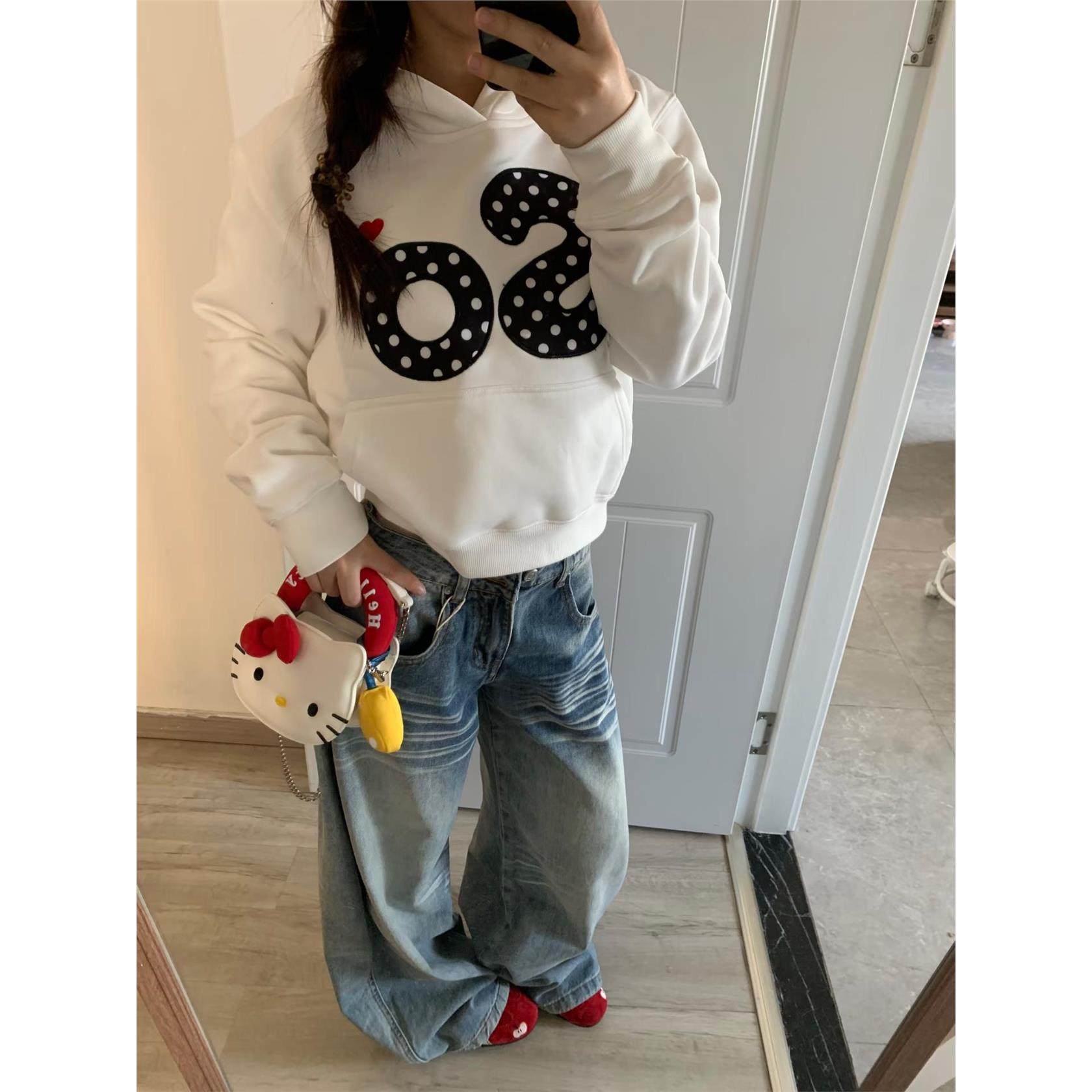 美式重磅连帽加绒短款卫衣女秋冬慵懒风波点字母刺绣贴布百搭上衣