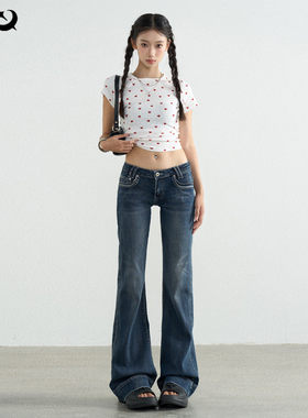 TGXQ美式牛仔裤女2025新款覆古水洗蓝拖地辣妹弹力超低腰微喇叭裤