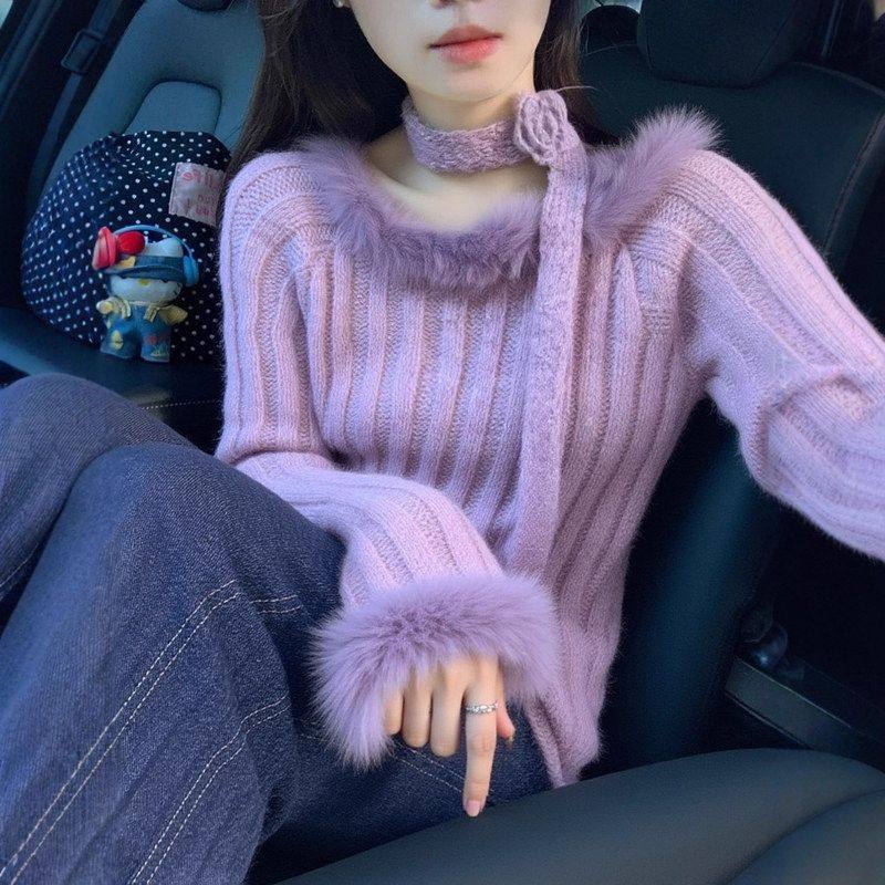 早秋韩系氛围感穿搭巨好看紫色针织毛衣绝美独特漂亮轻熟短款上衣