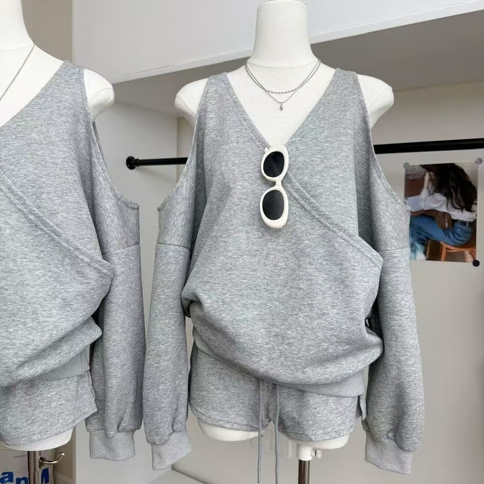 重磅秋季灰色设计感纯欲露肩慵懒卫衣套装女长短休闲裤两件棉套装