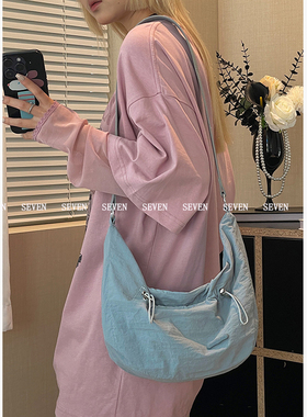 Fox Package/小众复古文艺帆布单肩包女士褶皱抽绳休闲斜挎饺子包