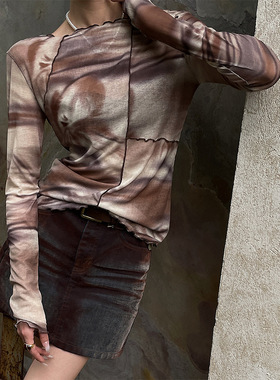 广州十三行ANAN秋季新品波浪领街头潮酷T恤拼色荷叶袖上衣15615