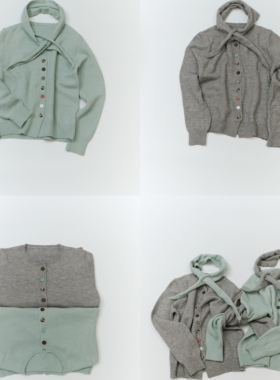 JillZoo自制  两色韩系围巾领彩色单排扣羊毛毛衣开衫