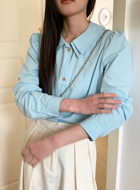 JillZoo自制  早春韩系设计感宽松显白薄荷奶蓝双层领长袖衬衫女