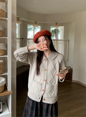 JillZoo自制！秋冬韩系菱格麻花翻领大象灰粗线手工编织毛衣女