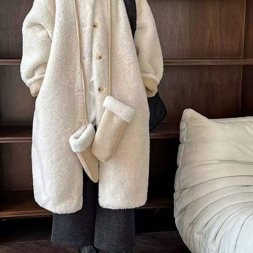 JillZoo自制  韩版温柔宽松翻领中长款羊羔毛外套（配手套