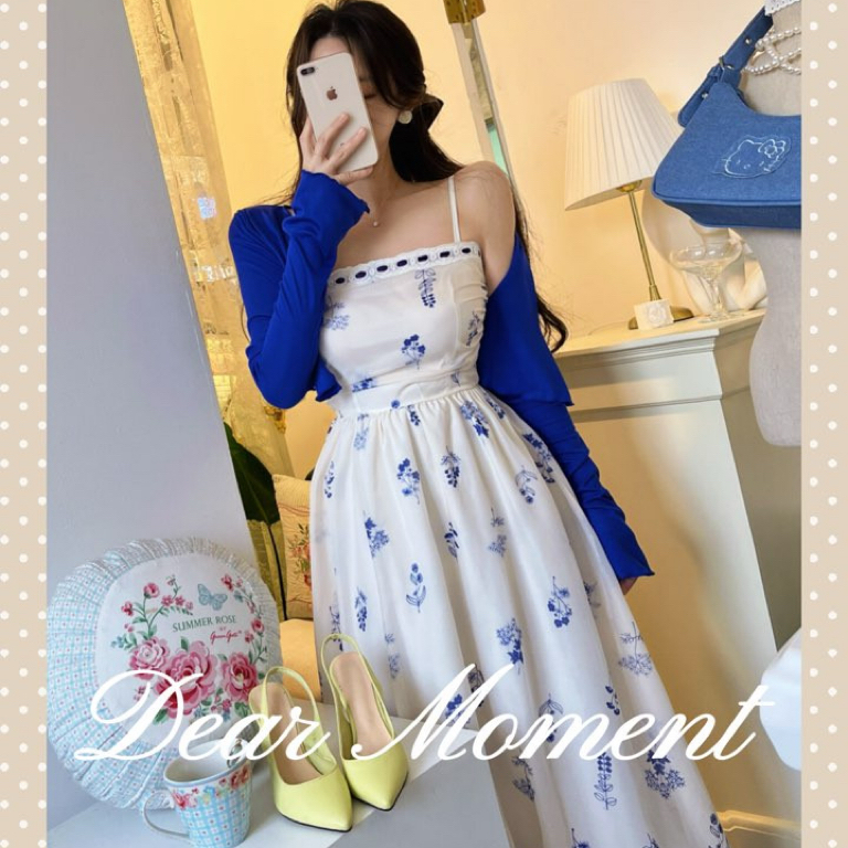 MICOCO！韩国chic法式碎花吊带连衣裙女夏季修身开衫外套两件套