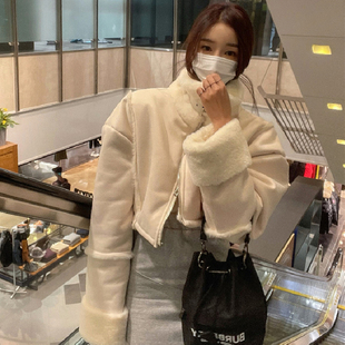 韩国东大门2021时尚立领拼接鹿皮绒羊羔毛皮毛一体机车外套女短款