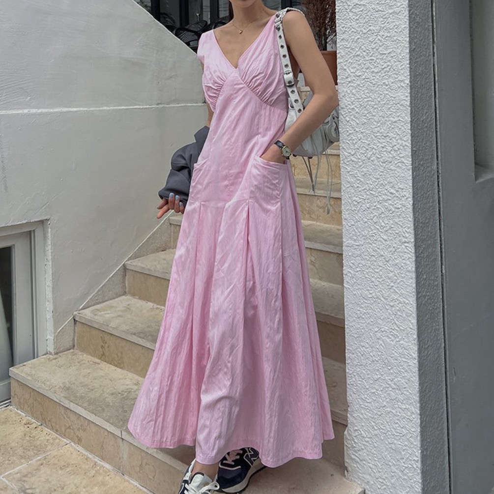 MICOCO！韩国东大门ins 复古法式背心飘逸长款连衣裙