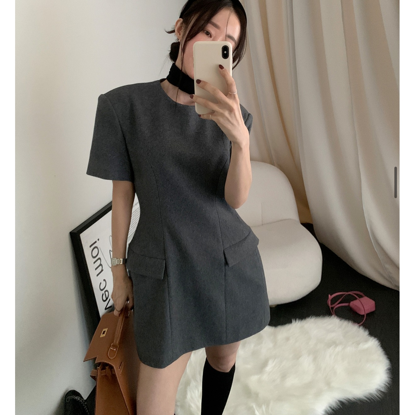 MICOCO！韩国东大门ins 时髦ol圆领修身高级复古连衣裙 带领带