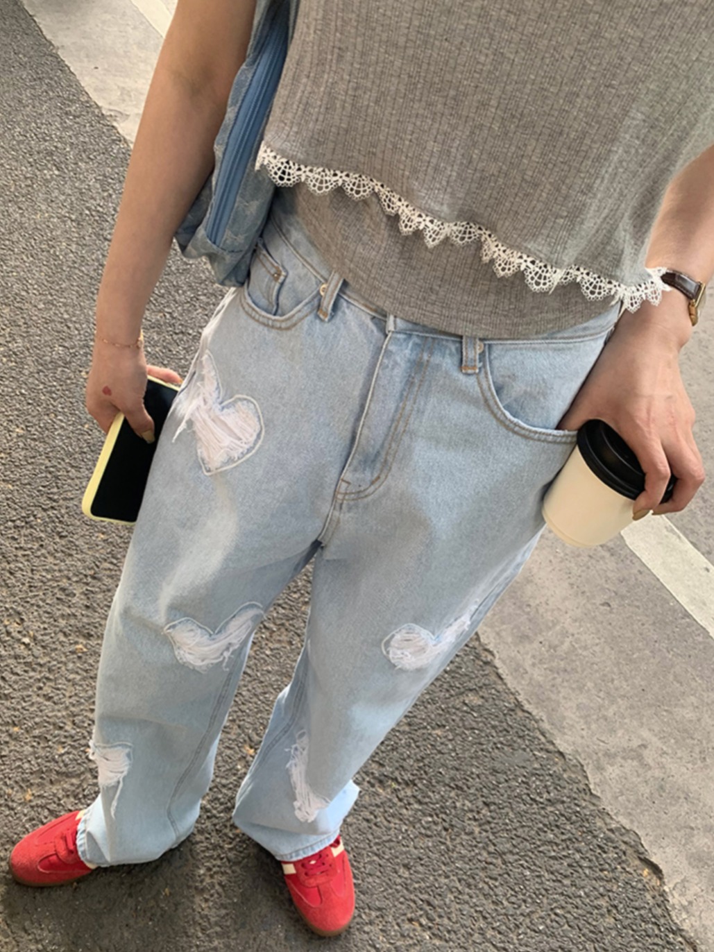 MICOCO!爱心破洞高腰显瘦阔腿牛仔裤宽松百搭长裤