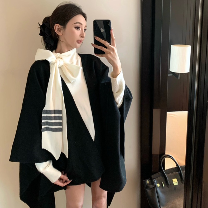 MICOCO！韩版设计感小众复古气质针织毛衣上衣外套女披肩两件套潮