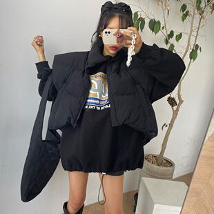 韩国东大门2021秋冬复古立领短款抽绳面包服卫衣纯色插兜连帽马甲