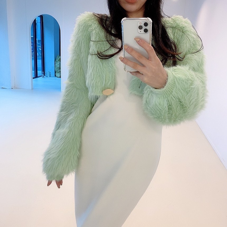 韩国东大门2021短款毛毛糖果色一粒扣弹力气质针织毛衣开衫外套女