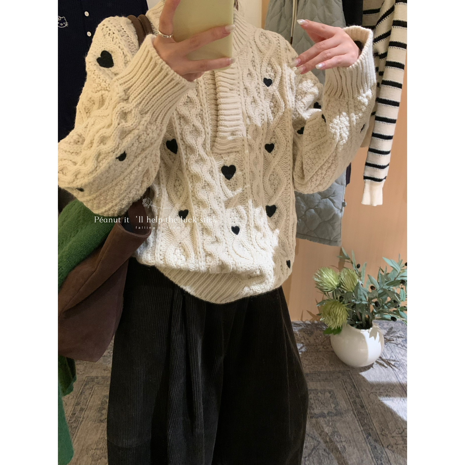 Ademe秋冬新款韩版毛衣女时尚百搭刺绣小爱心粗线保暖毛衣1169